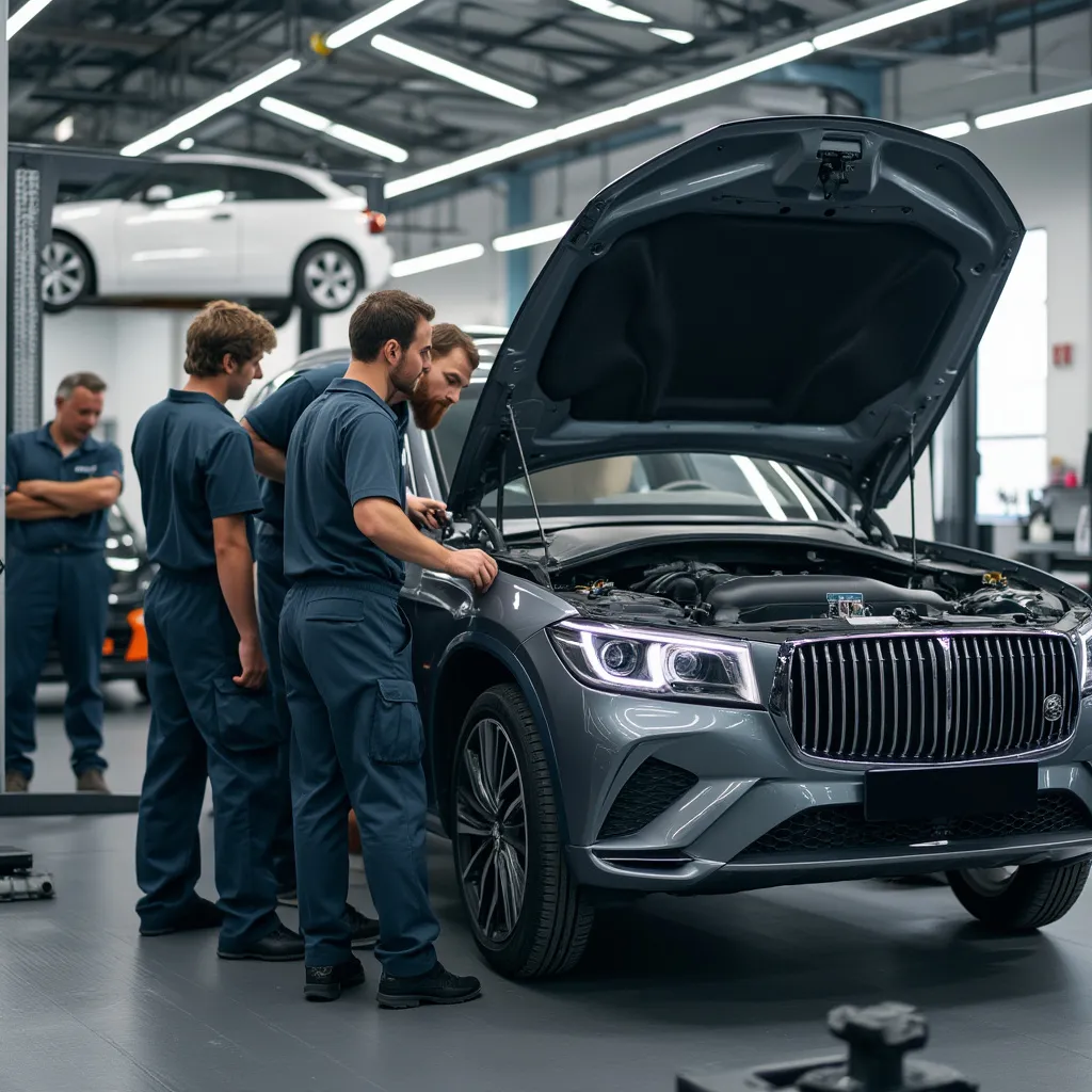 Echipă de mecanici auto lucrând împreună